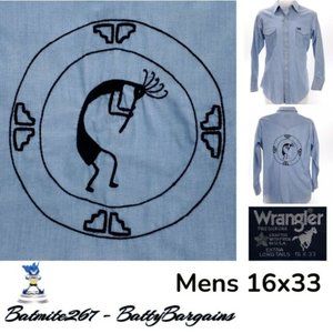 VTG WRANGLER Chambray USA MADE Kokopelli Mens 16 Southwest Denim Shirt 16x33